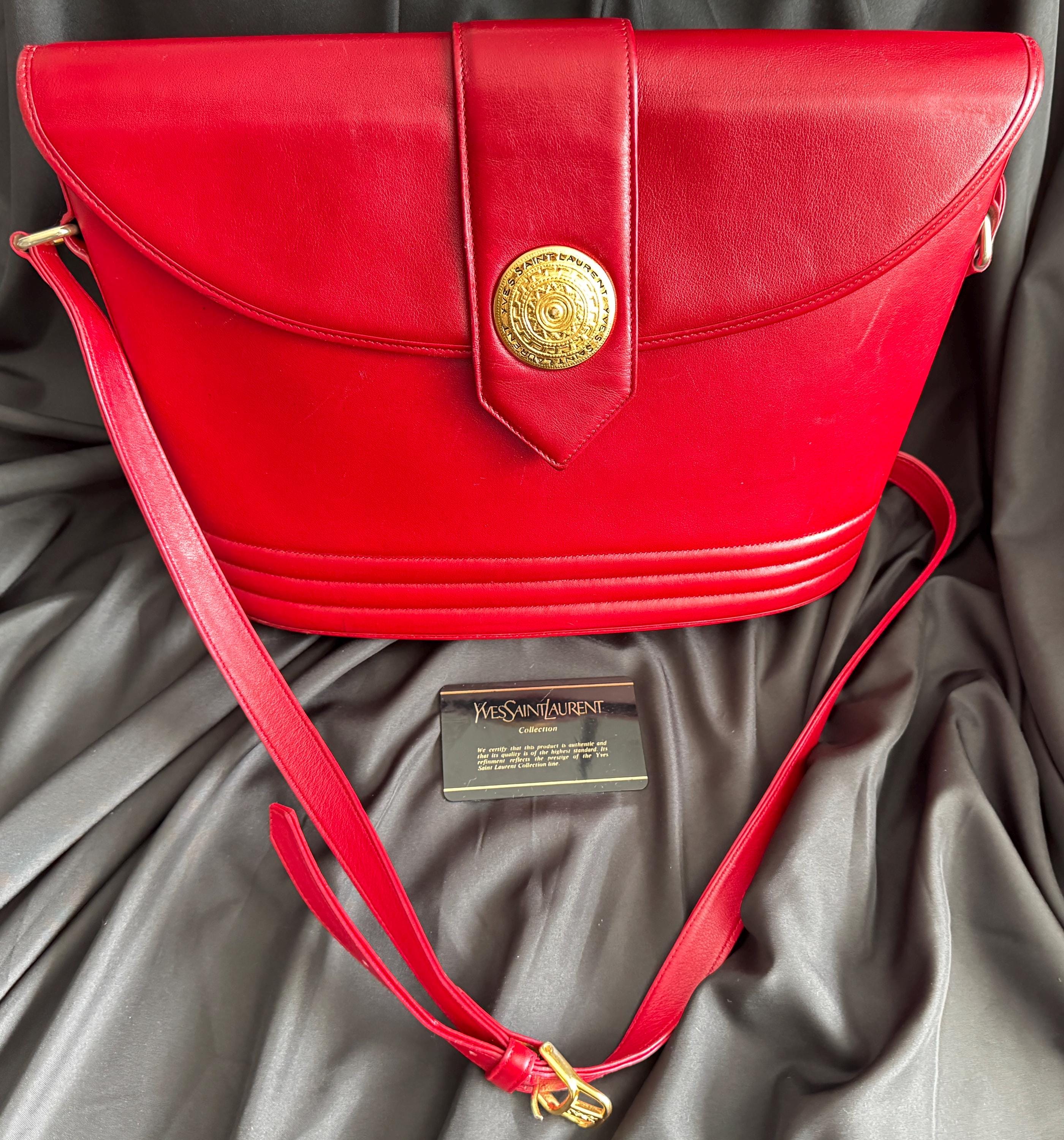 Yves Saint Laurent Vintage Red Flap Shoulder Bag with Aztec Medallion