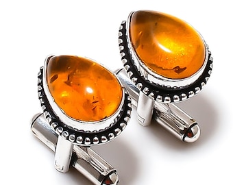 Baltic Amber Gemstone 925 Silver Handmade Cufflinks, Baltic Amber, Pear Shape, Birthstone Men's Jewelry Cufflink,Gift For Father/Love MC2127