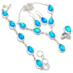 Blue Triplet Opal 925 Silver Necklace, Bracelet, Ring, Earring Set, Australian Triplet Opal Jewelry Set, Gift For Mother, Best Jewelry Gifts