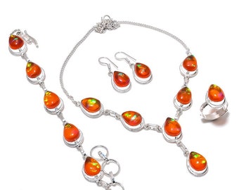 Collar de plata 925 de piedra preciosa de ópalo triplete australiano, pulsera, anillo, conjunto de pendientes, conjunto de joyas hecho a mano, conjunto de joyas de ópalo triplete naranja