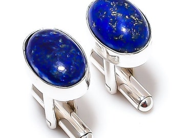 Lapis Lazuli Gemstone 925 Silver Cuff link Blue Lapis Lazuli Oval Shape Men's Party Wear Cufflinks Gift For Love/Father Gift For Her CF21229