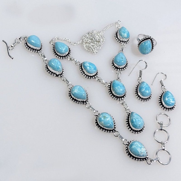 Caribbean Larimar Gemstone 925 Silver Necklace, Bracelet, Ring, Earring Set , Jewelry Set, Larimar Set, Gift For Mother, Gift For Her ST1920