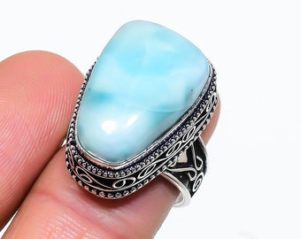925 Silver Ring* Dominican Republic Larimar Gemstone Handmade Ring Size 8* Dominican Larimar Ring* Gift For Mom* Best Selling Item HS4025
