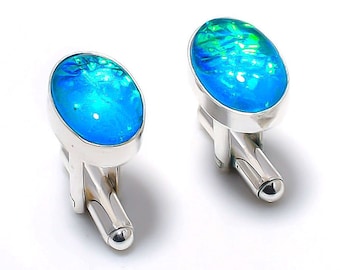 Australian Triplet Opal Gemstone 925 Silver Cufflinks Triplet Opal Handmade Men's Cufflinks Gift For Father Gift For Love Oval Shape MCF7060