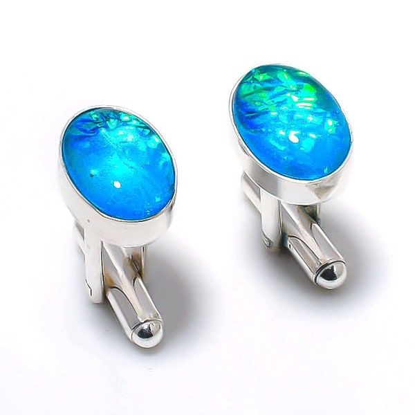 Australian Triplet Opal Gemstone 925 Silver Cufflinks Triplet Opal Handmade Men's Cufflinks Gift For Father Gift For Love Oval Shape MCF7060