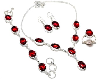Mozambique Garnet Set/ 925 Silver Jewelry/ Red Garnet Gemstone Handmade Necklace, Bracelet, Ring, Earring Set/ Four Pic. Jewelry Set HP4541