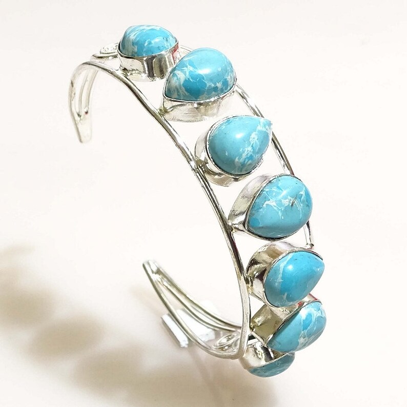 Caribbean Larimar Gemstone Handmade Jewelry Adjustable Bangle Birthstone Pear Shape Bangle Designer Bangle Girls /& Women Gift PY98