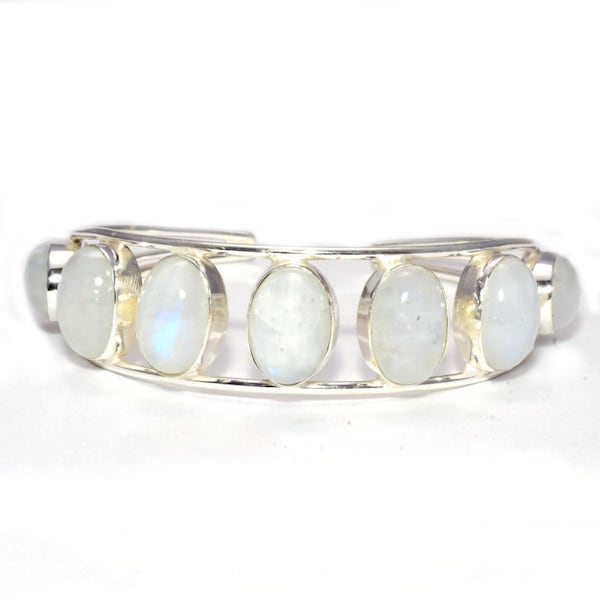 Rainbow Fire Moonstone Gemstone 925 Silver Handmade Jewelry Adjustable Cuff, Bracelet Women Party Wear Moonstone Bangle Wedding Gift BAN5000