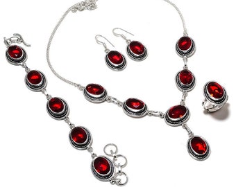 Mozambique Garnet Set/ 925 Silver Jewelry/ Red Garnet Gemstone Handmade Necklace, Bracelet, Ring, Earring Set/ Four Pic. Jewelry Set HP4095