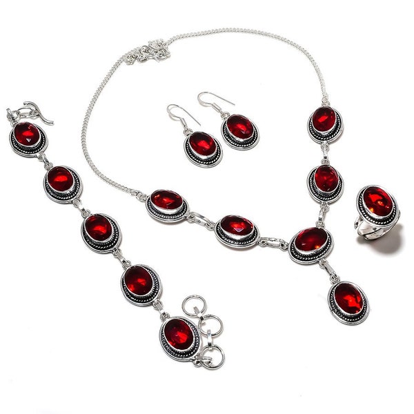 Mozambique Garnet Set/ 925 Silver Jewelry/ Red Garnet Gemstone Handmade Necklace, Bracelet, Ring, Earring Set/ Four Pic. Jewelry Set HP4095