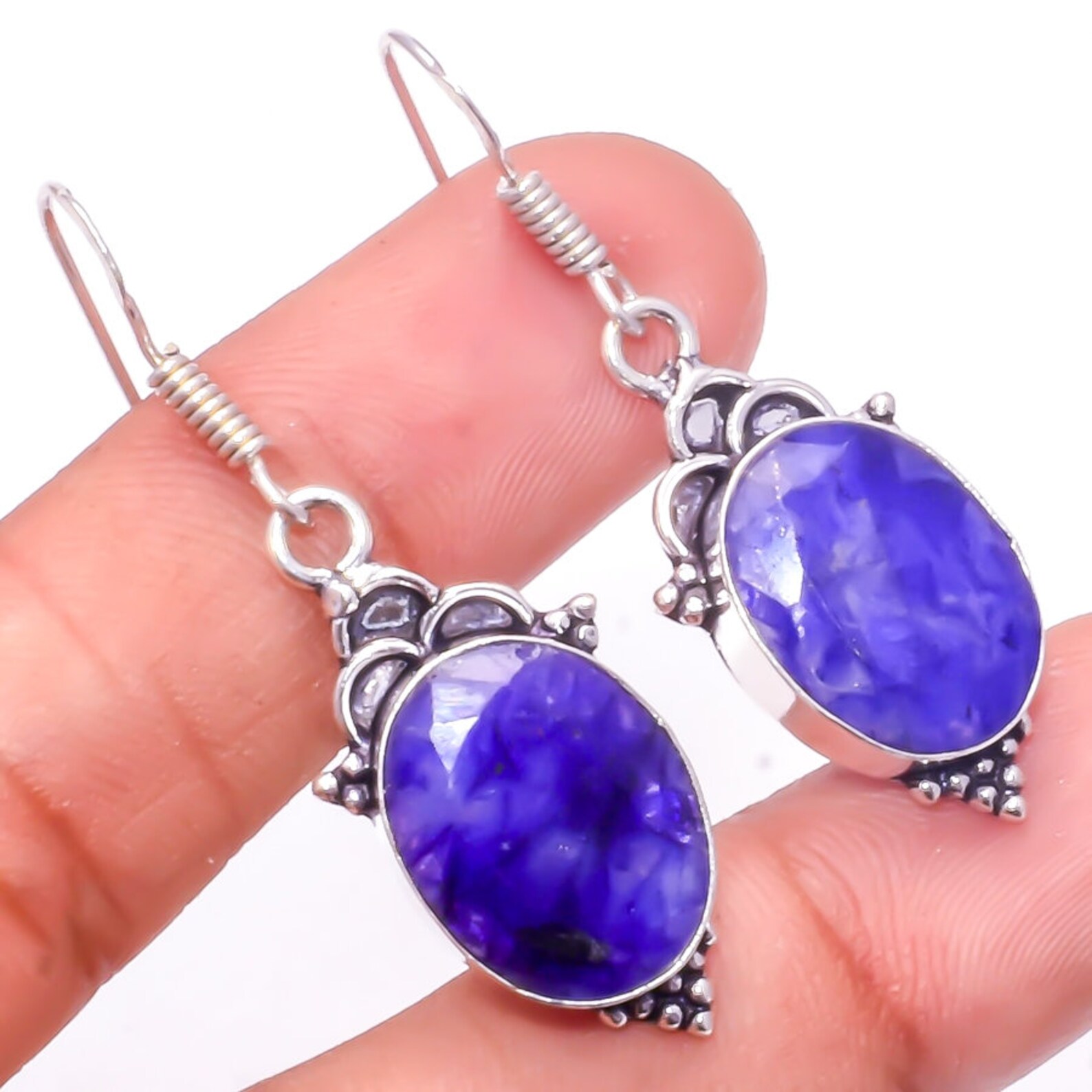 Blue Sapphire Gemstone Earring 925 Silver Earring Blue Etsy