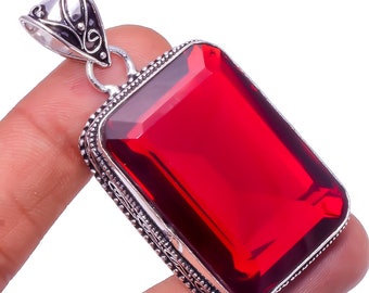 Mozambique Garnet Gemstone 925 Silver Pendant 2.15" Red Garnet Handmade Square Shape Jewelry Pendant, Gift For Mom/Love, Gift For Her HP1223