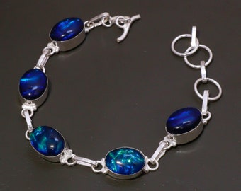 Blue Australian Triplet Opal Gemstone 925 Silver Bracelet, Blue Triplet Opal Handmade Oval Shape Bracelet, Gifted Jewelry, Best-Selling 4814