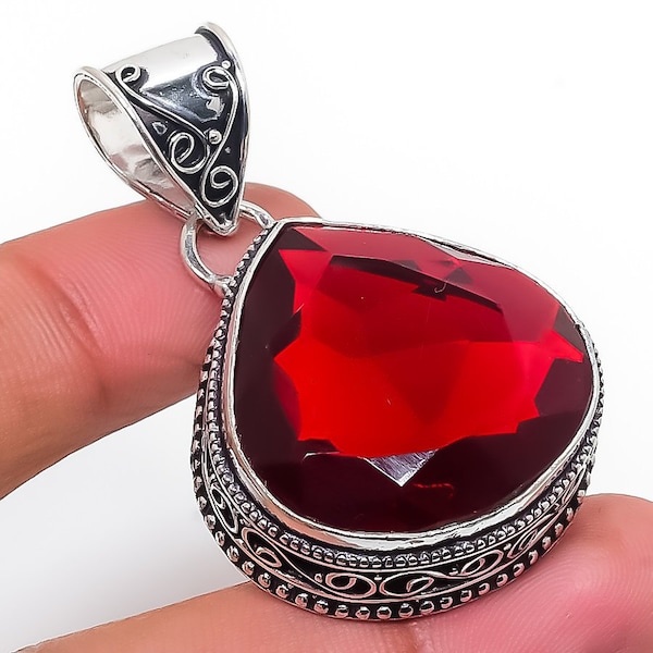 Mozambique Garnet Gemstone 925 Silver Vintage Pendant 1.85" Red Garnet Handmade Jewelry Pendant, Gift For Mom/Love, Gift For Her HP1249