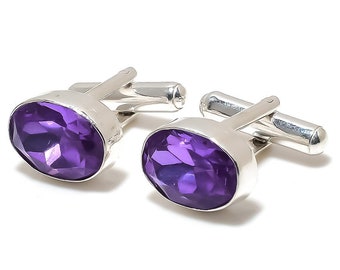 Purple Amethyst Gemstone 925 Silver Cuff link Amethyst Birthstone Men's Party Wear Cufflinks Gift For Love/Father/Son Gift For Her CF3144