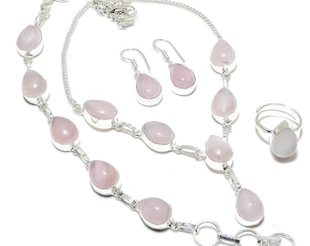 Rose Quartz Gemstone 925 Silver Jewelry Necklace Set, Rose Quartz Handmade Necklace, Bracelet, Ring, Earring Set, Gift For Mom, Gift For Her