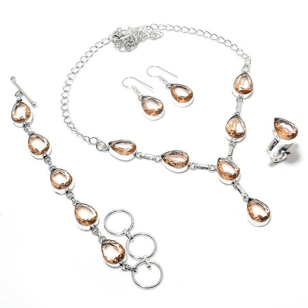 Morganite Gemstone Handmade Necklace, Bracelet, Ring, Earring Set/ Morganite 925 Silver Jewelry Set/ Wedding Gift/ Gifted Jewelry Set SP3335