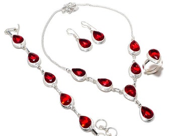 Mozambique Garnet Set/ 925 Silver Jewelry/ Red Garnet Gemstone Handmade Necklace, Bracelet, Ring, Earring Set/ Four Pic. Jewelry Set NS4538