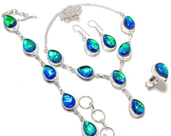 Australian Triplet Opal Gemstone 925 Silver Necklace, Bracelet, Ring, Earring Set, Handmade Jewelry Set, Green Triplet Opal Jewelry Set