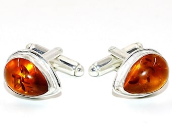 Baltic Amber Gemstone 925 Silver Handmade Cufflinks, Baltic Amber, Pear Shape, Birthstone Men's Jewelry Cufflink,Gift For Father/Love MC250F