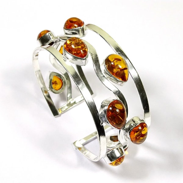 Baltic Amber Gemstone 925 Silver Jewelry Adjustable Bangle, Cuff, Amber Handmade Bracelet Girls & Women Gifted Jewelry, Best-Selling Item