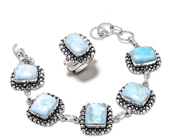 Dominican Republic Larimar Gemstone 925 Silver Jewelry Bracelet With Ring, Larimar Handmade Bracelet Ring, Gifted Jewelry Set BR4428