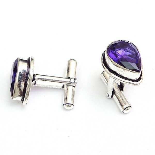 African Amethyst Gemstone 925 Silver Handmade Cufflinks, Amethyst, Pear Shape, Birthstone Men's Cufflinks, Gift For Father / Love MCF009