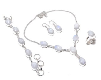 Natural Rainbow Moonstone Gemstone 925 Silver Necklace, Bracelet, Ring, Earring Set, Moonstone Handmade Jewelry Set, Gifted Jewelry NS2842