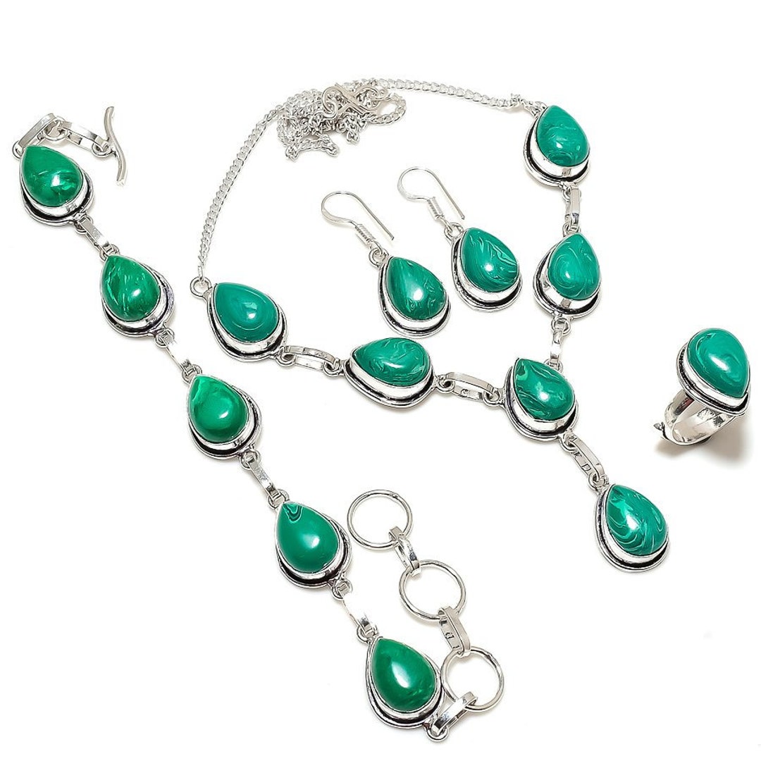 Malachite Gemstone 925 Silver Necklace, Bracelet, Ring, Earring Set