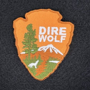 Op de afbeelding: Een oranje, groene en witte geborduurde patch in de vorm van een pijlpunt. De patch heeft een gestileerde dennenboom, een bergketen en een wolf. De tekst "DIRE WOLF" is in wit op de patch geborduurd.
