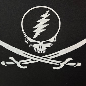 May include: A white skull and crossbones design with a lightning bolt inside the skull. The design is on a black background.