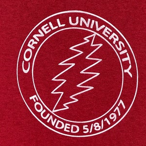 May include: White circle logo on a maroon background with the text "Cornell University Founded 5/8/1977" and a lightning bolt graphic in the center.