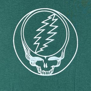 May include: A white Steal Your Face skull and lightning bolt design on a teal background. The skull is within a circle, with the lightning bolt in the center. The design is a popular symbol.