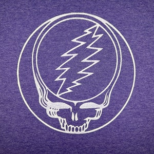 May include: A white graphic of a skull with a lightning bolt inside a circle on a purple background.