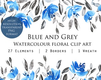 Blue and Grey Watercolour Floral Digital Instant Download Clip Art Commercial Use Available