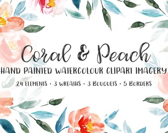 Coral & Peach Digital Hand Painted Watercolour Clip Art Imagery For Instant Download, Available for Commercial Use