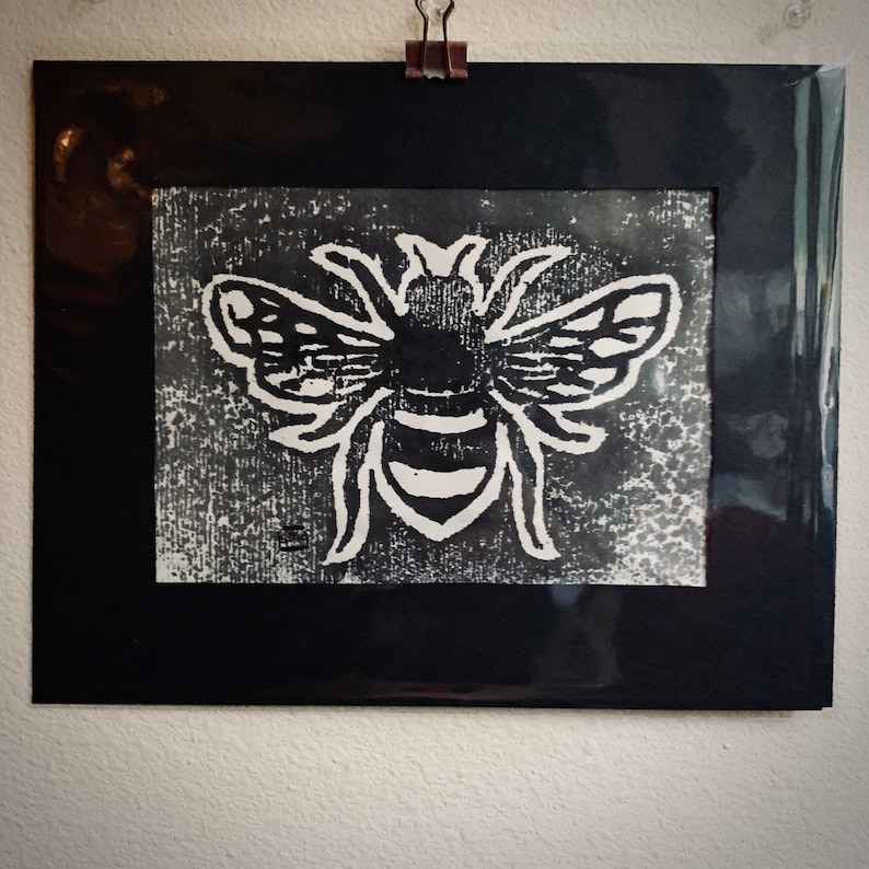mokuhanga woodblock print direct message for sliding scale option BLACK BUMBLE BEE hand carved and made with love