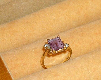 10K Karat Yellow Gold Emerald Cut Amythest Diamond Accent Ring Sz 4 Vtg Designer Signed Fine Ring Birthstone Gemstone Pinky Jewelry TINY!