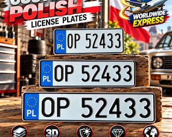 Polish Euro License Plate (PL) – Personalized Embossed Aluminum Number Plate, 305/400/520 mm, With or Without Holder, Custom Car Decor