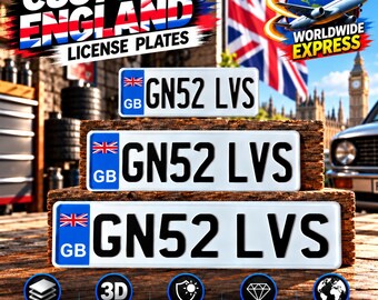 Matrícula británica en formato Euro con bandera (GB) – aluminio personalizado con caracteres en relieve, 305/400/520 mm, con o sin marco