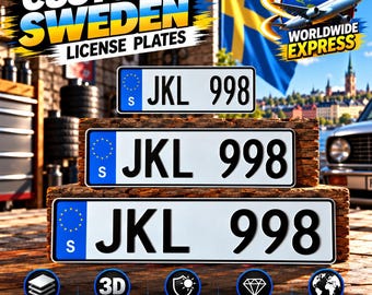 Swedish Euro License Plate (S) – Personalized Embossed Aluminum Number Plate, 305/400/520 mm, With or Without Holder, Car Decor