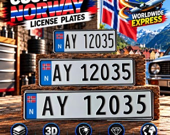 Matrícula noruega formato Euro con bandera (N) – placa de aluminio personalizada con letras en relieve, 305/400/520 mm, con o sin marco