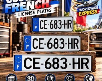 French Euro License Plate (F) – Personalized Embossed Aluminum Number Plate, 305/400/520 mm, With or Without Holder, Custom Car Decor
