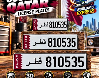 Qatar Euro Style License Plate – Personalized Embossed Aluminum Number Plate, 305/400/520 mm, With or Without Holder, Custom Car Decor