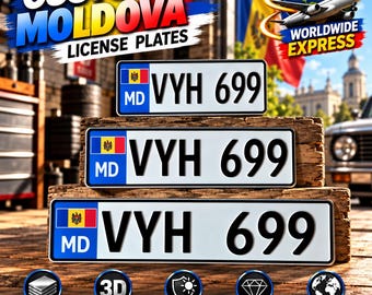 Moldovan Euro License Plate (MD) – Personalized Embossed Aluminum Number Plate, 305/400/520 mm, With or Without Holder, Custom Car Decor