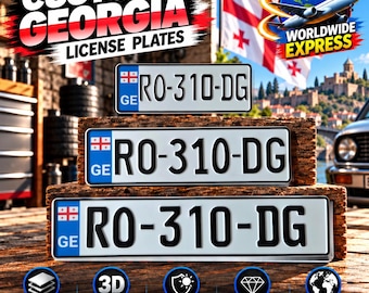 Matrícula georgiana formato Euro con bandera (GE) – aluminio personalizado con caracteres en relieve, 305/400/520 mm, con o sin marco