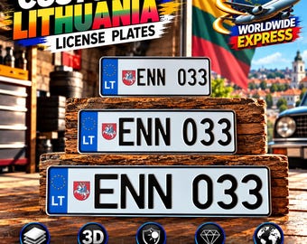 Matrícula lituana Euro con escudo (LT) – placa personalizada de aluminio con caracteres en relieve, 305/400/520 mm, con o sin marco