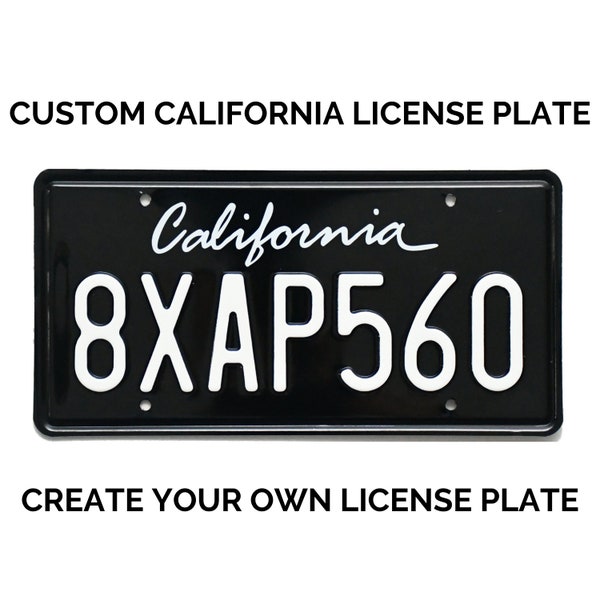 Vintage Retro Custom California License Plate with YOUR TEXT / Replica California License Plate / Black California License Plate
