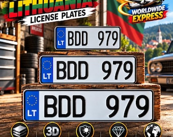 Lithuanian Euro License Plate (LT) – Personalized Embossed Aluminum Number Plate, 305/400/520 mm, With or Without Holder, Custom Car Decor