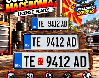 Macedonian Euro License Plate (MK) – Personalized Embossed Aluminum Number Plate, 305/400/520 mm, With or Without Holder, Car Decor